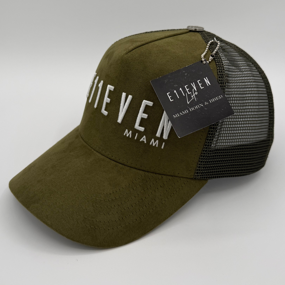 Olive Green & White Suede Trucker Cap – E11EVEN LIFE