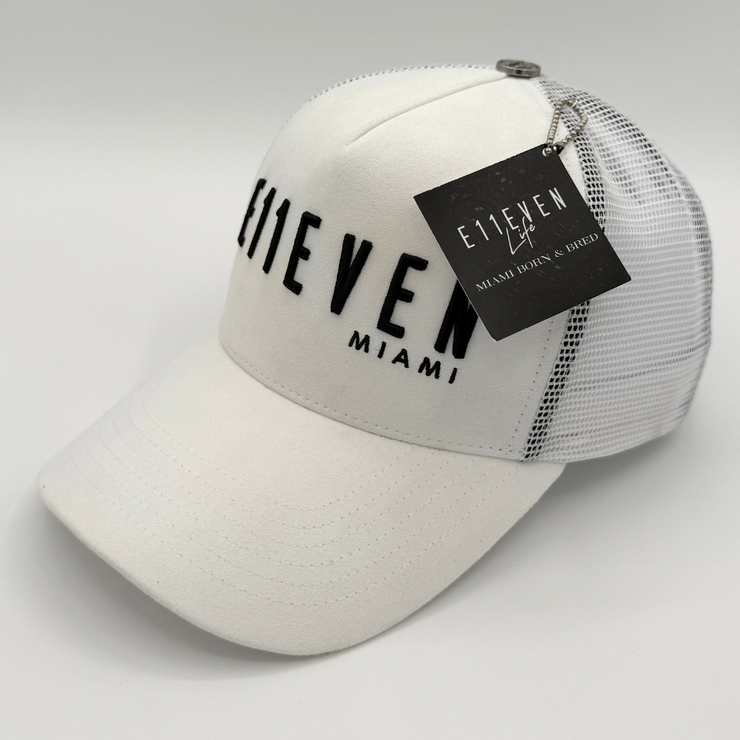 White & Black Suede Trucker Cap